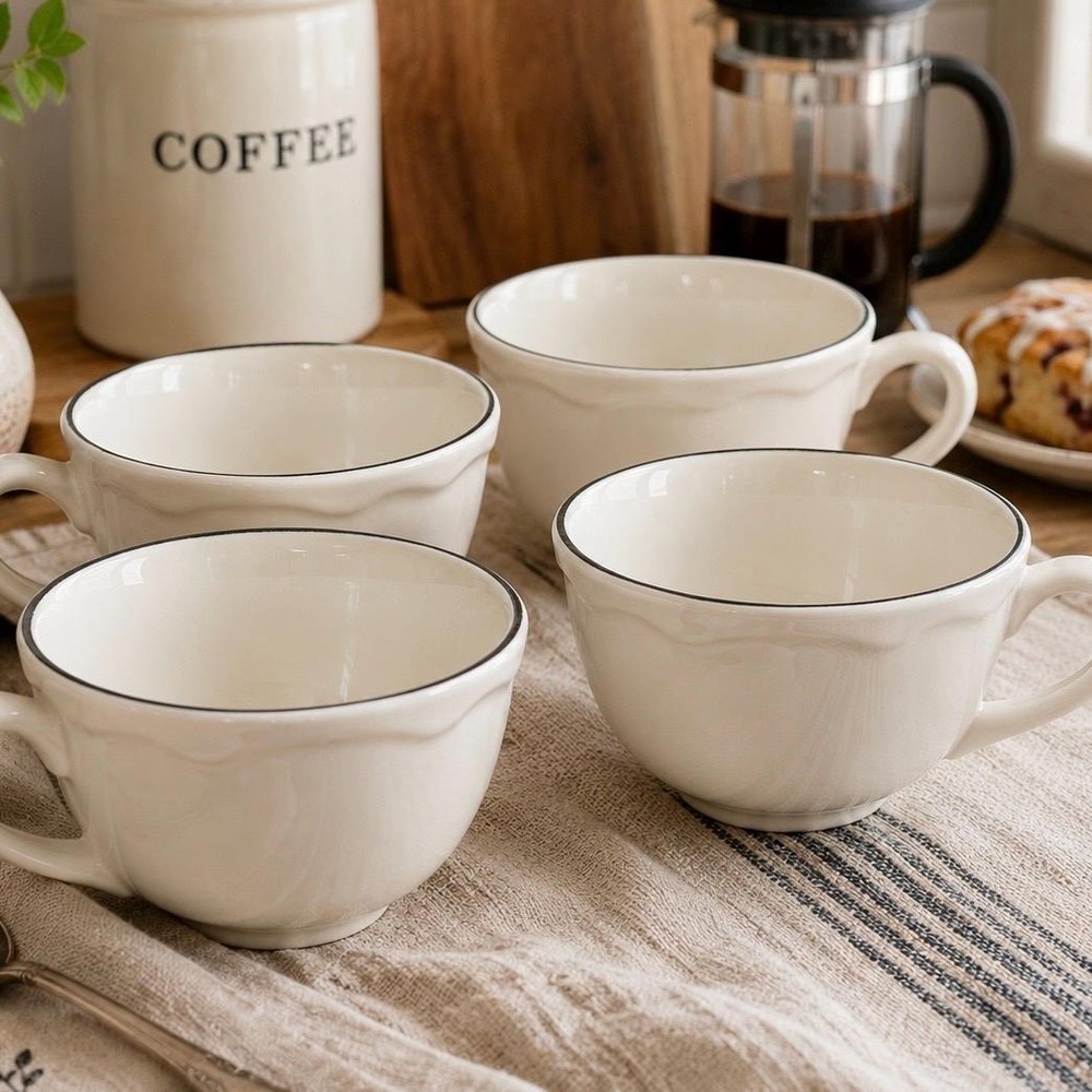Homer Laughlin VTG 70s Diner Mugs Coffee Cups Scalloped Carolyn Trim White